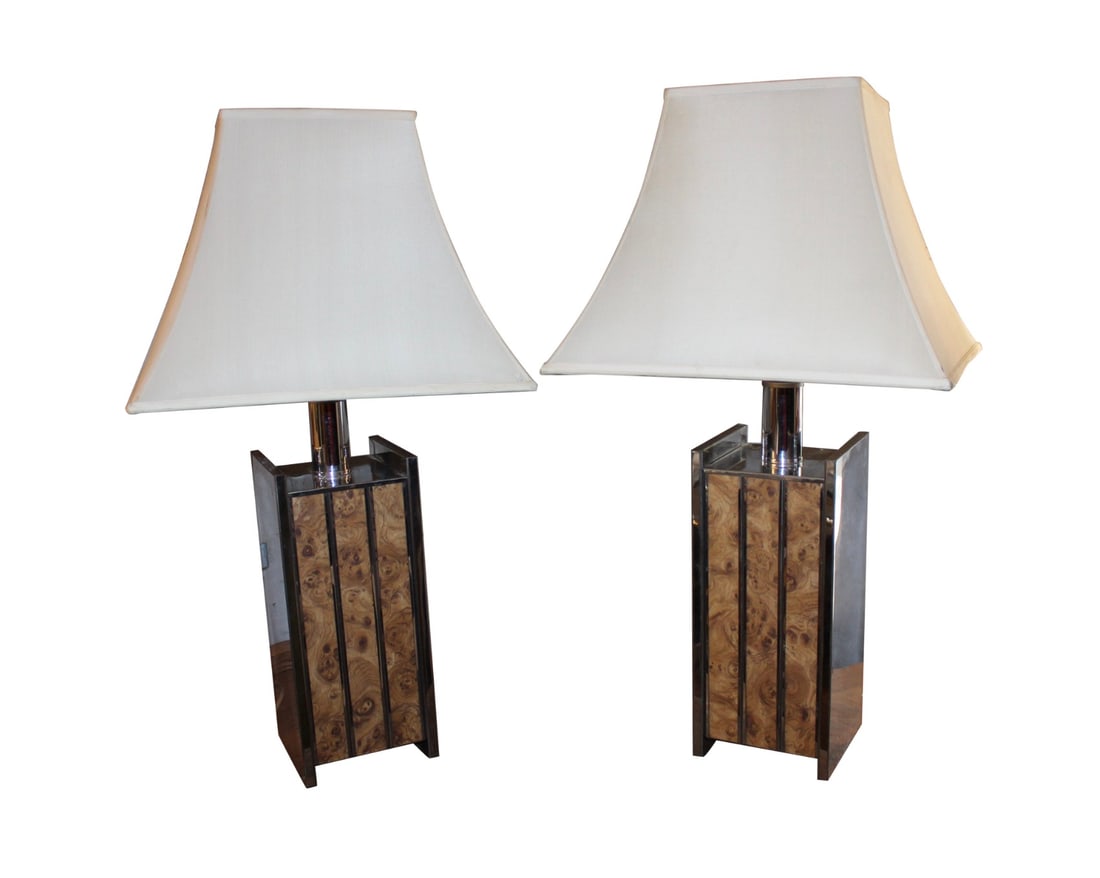 Pair of Mid-Century Chrome Lamps with Burled Inlay (1 of 15)