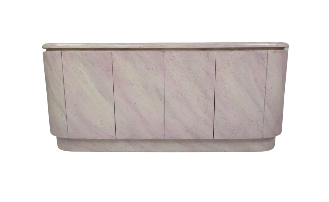Mid-Century Modern Oval Faux Marble Credenza: This stunning vintage modern credenza features a faux marble finish with a unique oval shape and four cabinet doors with hidden pulls. The wonderful two-tone design offers plenty of room for storage