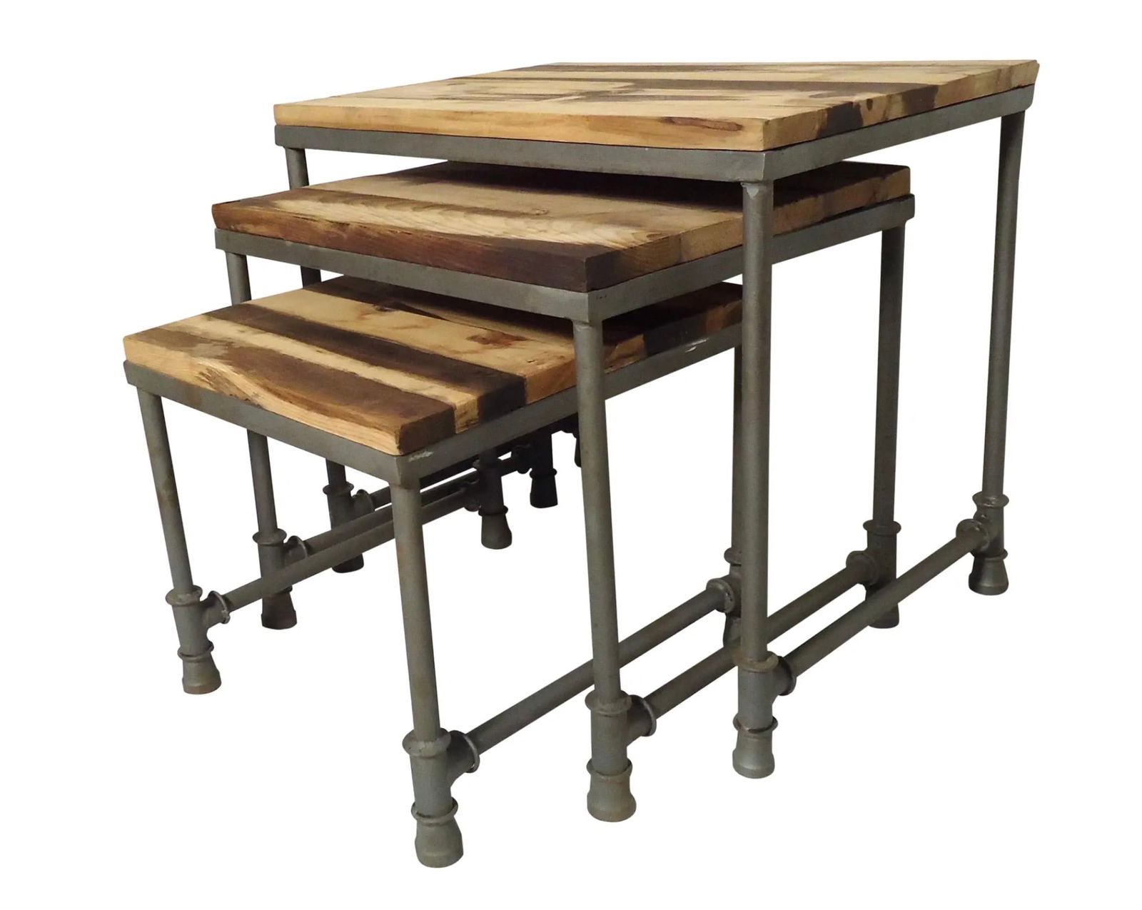 1960s Industrial Metal Nesting Tables: Vintage style industrial nesting table features three tables with metal legs and wood tops used for decoration purposes. // PICKUP LOCATION: Brooklyn, NY // Condition: Good. Wear consistent