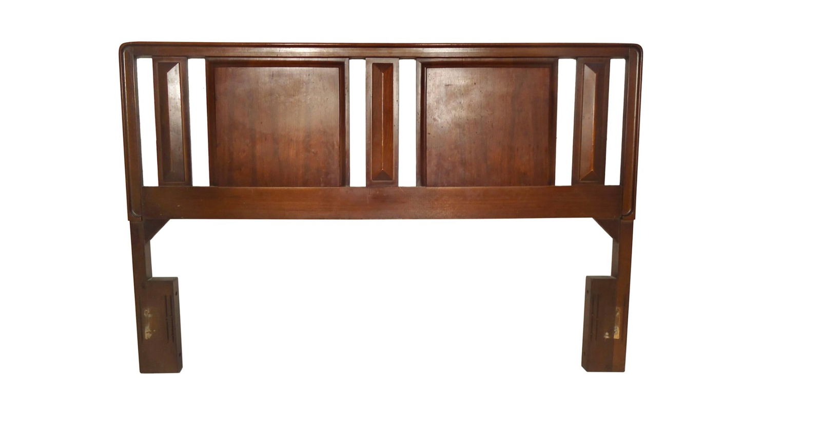 Mid-Century Sculpted Walnut Headboard: Vintage-modern headboard featuring beautifully sculpted back and walnut wood grain throughout. // PICKUP LOCATION: BROOKLYN, NY // Condition: Good. Wear consistent with age and use. Minor