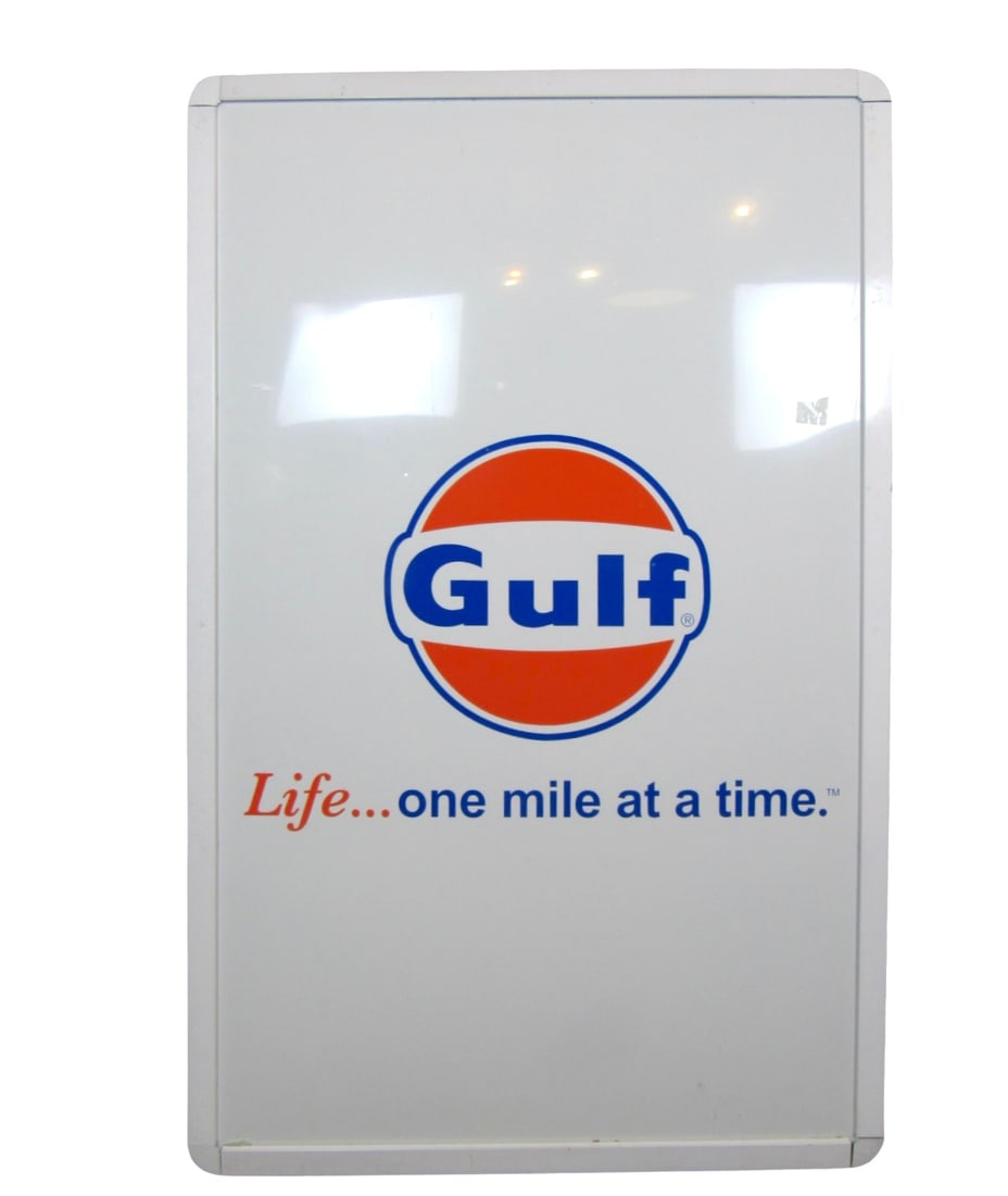 Large Metal Gulf Gas Station Sign: Vintage Gulf Gas Station sign, thin, lightweight metal. Classic piece, perfect for living rooms or garage decoration. // PICKUP LOCATION: BROOKLYN, NY // Condition: Good. Wear consistent with