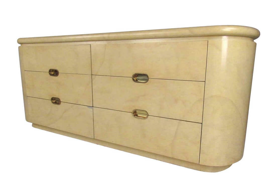 John Stuart Grand Rapids Faux Goatskin Dresser: Vintage John Stuart six-drawer dresser with brass pulls, rounded sides and faux goatskin finish. // PICKUP LOCATION: BROOKLYN, NY // Condition: Good. Wear consistent with age and use. Minor