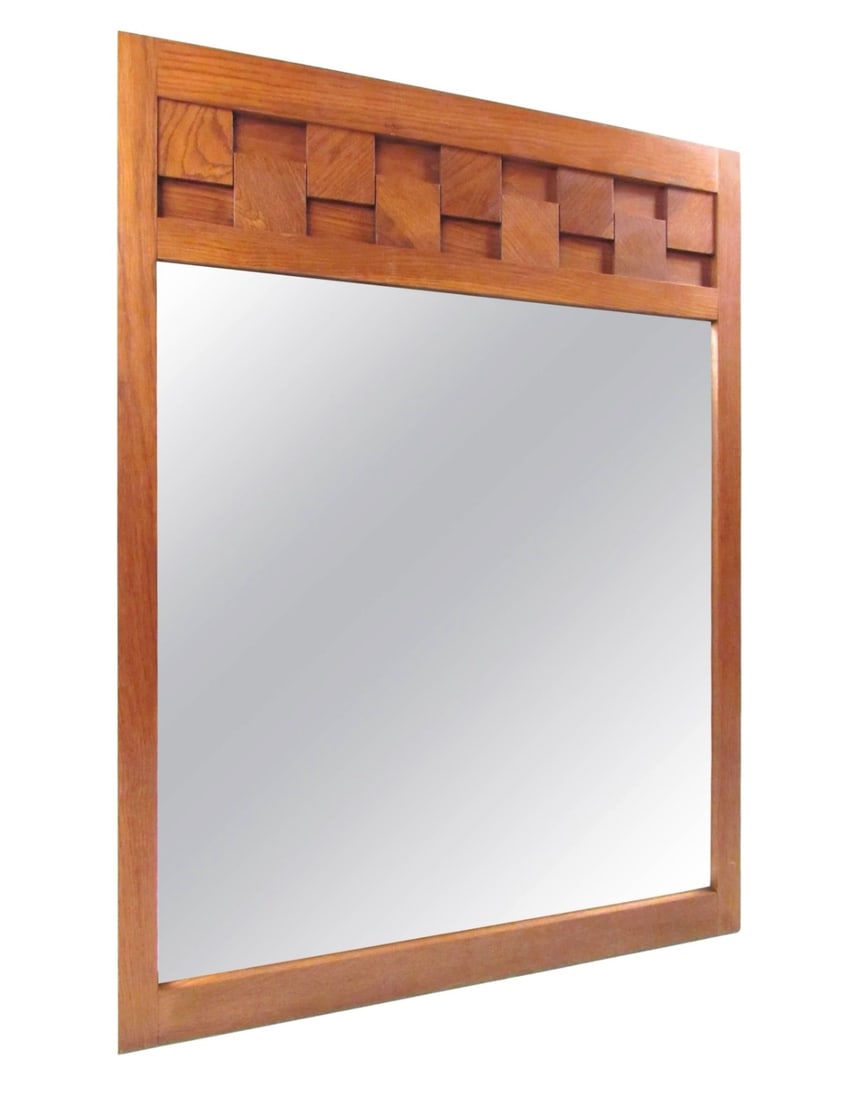 Lane Brutalist Style Oak Frame Mirror: Beautiful Lane Altavista Brutalist series mirror in oak. // PICKUP LOCATION: BROOKLYN, NY // Condition: Good. Wear consistent with age and use. Minor fading. Minor ding/scratch. // 