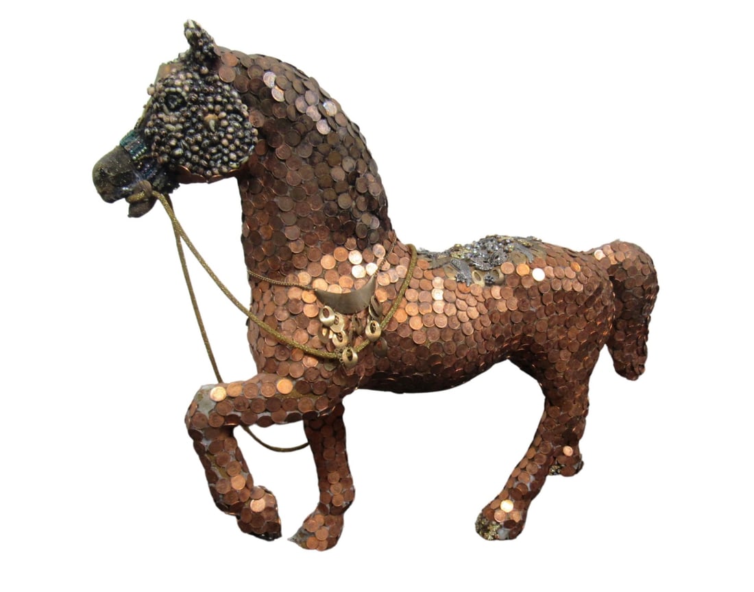 Handmade Penny Horse: This unusual horse sculpture is adorned with ornate pieces of metal and copper coins. // PICKUP LOCATION: BROOKLYN, NY // Condition: Good. Wear consistent with age and use. Minor losses. Some
