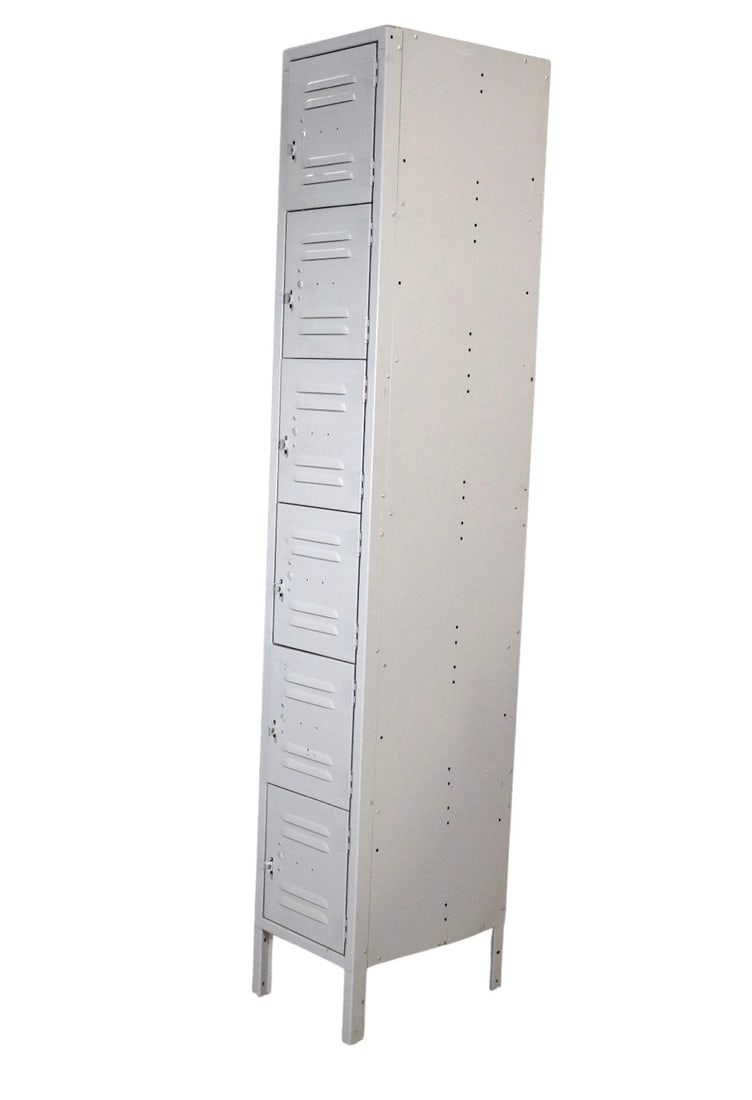 Six Foot Vintage School Locker: Tall 6.5 foot locker unit taken from Brooklyn public school. Six storage cubes make for a great modern home storage. // PICKUP LOCATION: BROOKLYN, NY // Condition: Good. Wear consistent with