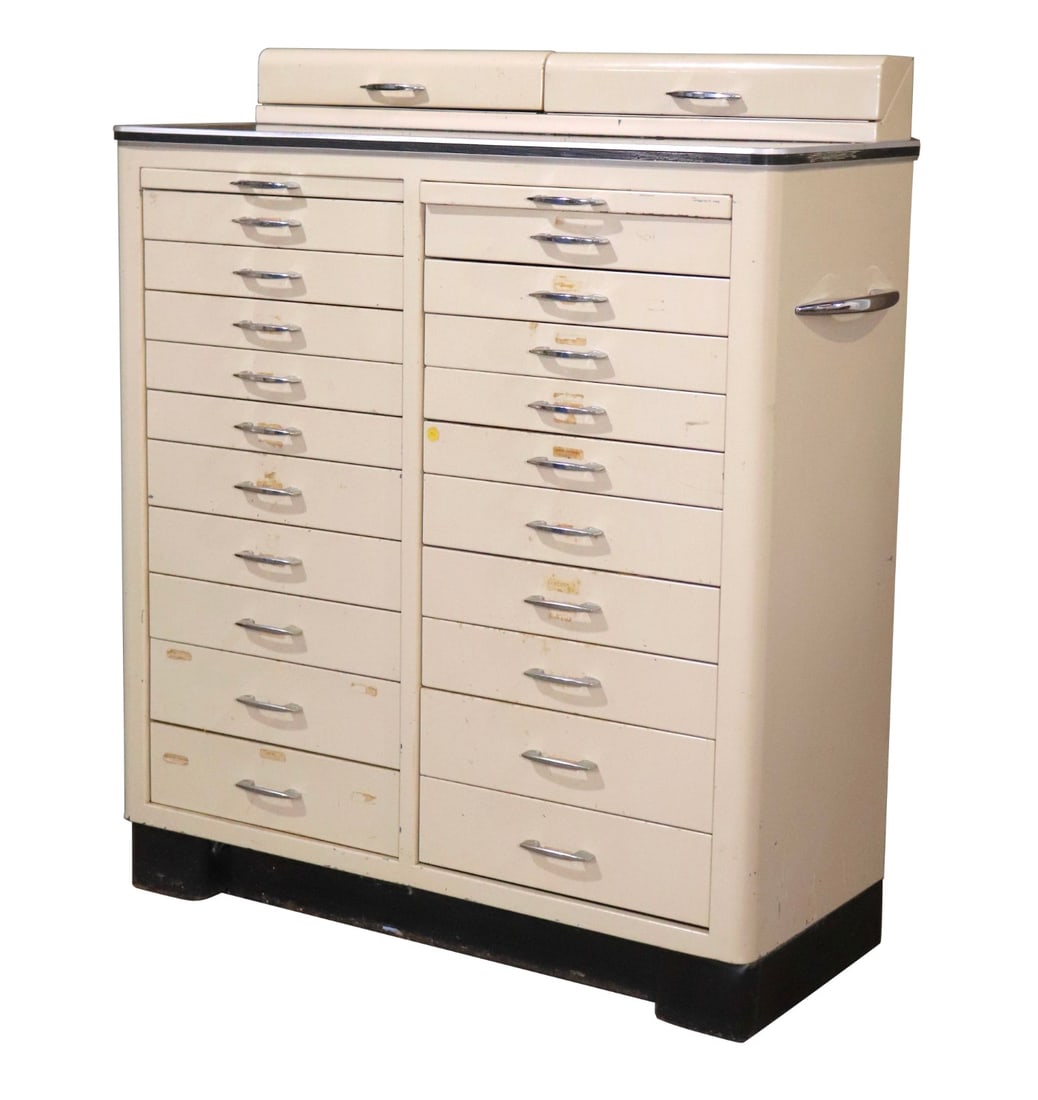 Deco Style Vintage Dental Cabinet: Vintage metal dental cabinet in Art Deco style, with 22 drawers! White paint with black top, and accenting polished chrome hardware. // PICKUP LOCATION: BROOKLYN, NY // Condition: Good. Wear
