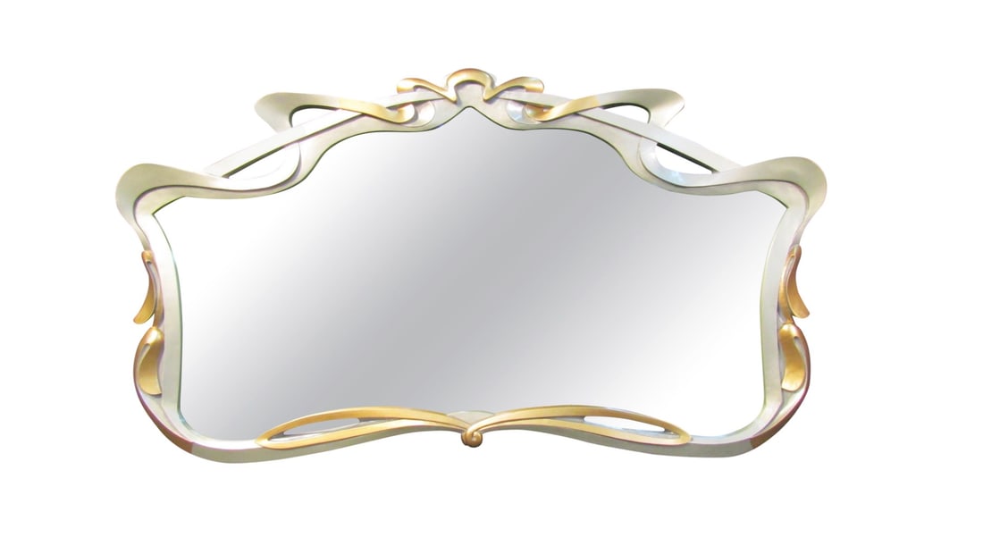 Art Nouveau Decorative Wooden Mirror: Warm and whimsical, this elegant wall mirror brims with vintage allure. Its fantasy-like approach and detailed curvature allow it to Stand out in any home or office. // PICKUP LOCATION: BROOKLYN,