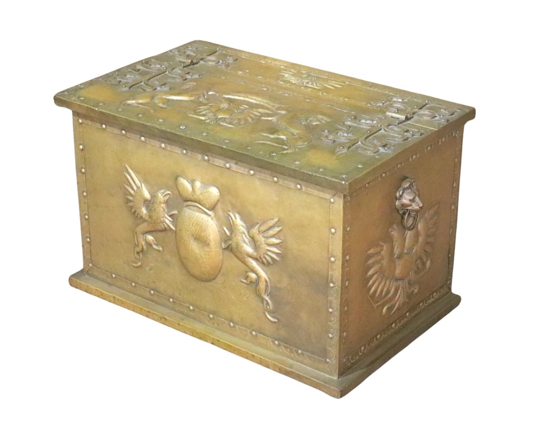 Antique Brass Scuttle Box: Antique brass lined "treasure" box with medieval style motif. Embossed animals, nail trimming, and lion head handles. // PICKUP LOCATION: BROOKLYN, NY // Condition: Good. Wear consistent with