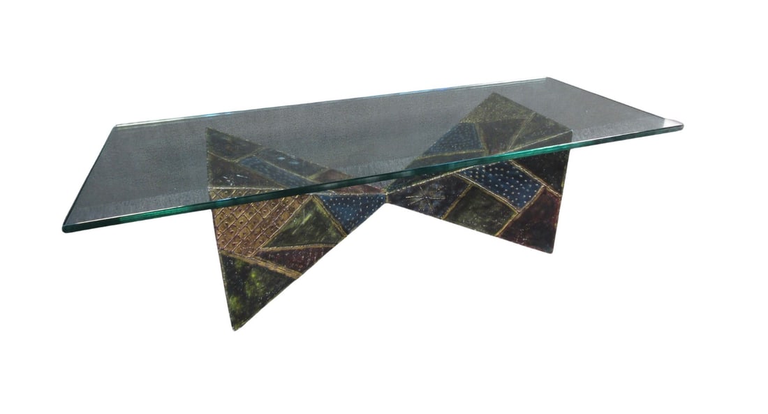 Paul Evans Glass Coffee Table: This unique coffee table by Paul Evans features contrasting textures and colors in its geometric base along with a large glass top. Rare and collectible, this vintage table by renowned designer Paul E