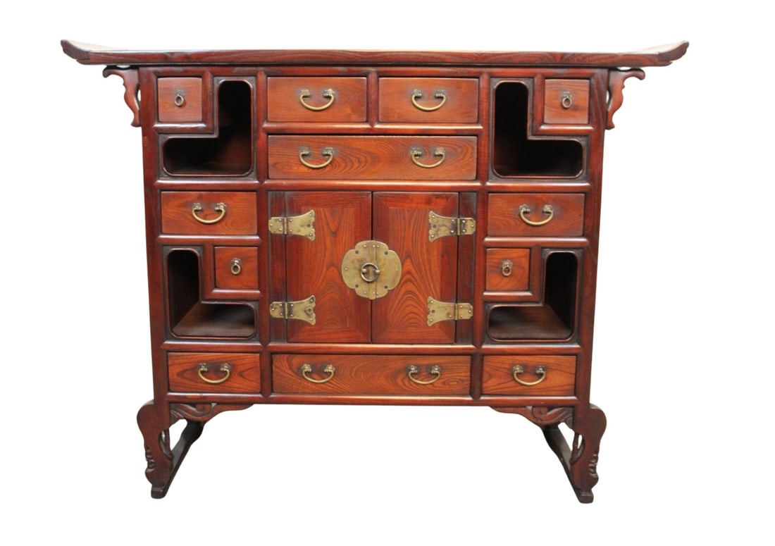 Asian Pagoda Buffet: This Asian style console table with storage is an eye catching piece with functionality. Beautifully designed in the pagoda style with butterfly wings at the end of the top, many small drawers for