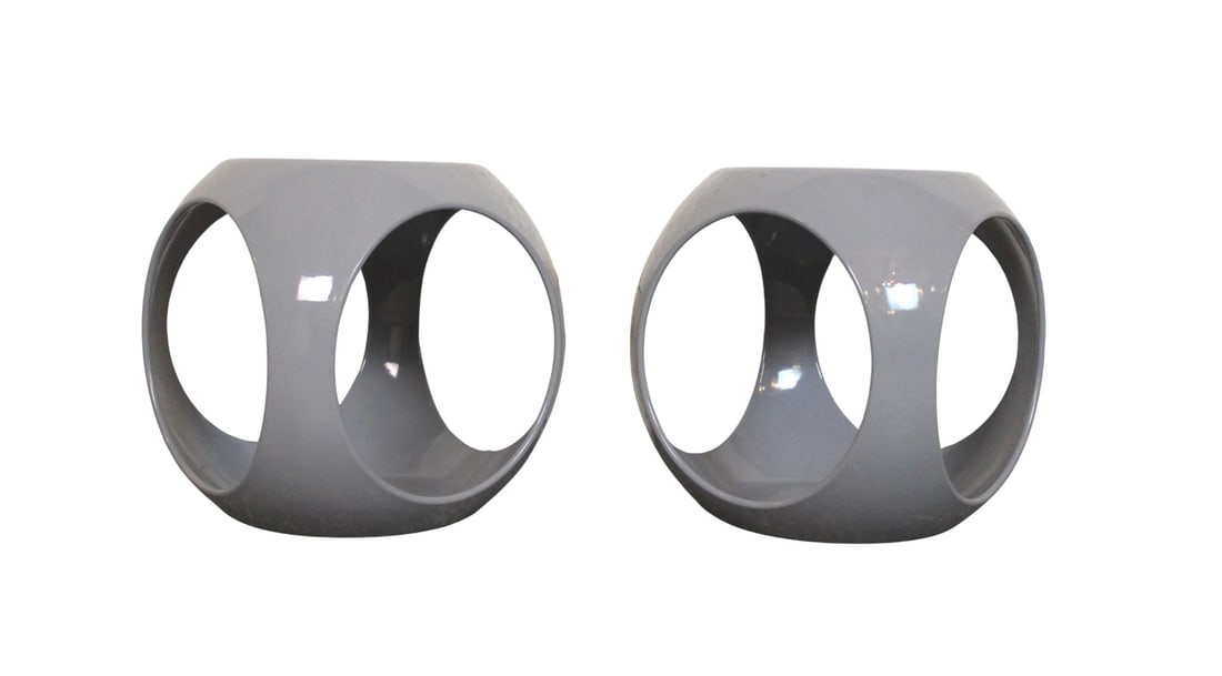 Pair of Space Age Side Tables: Pair of mid-century modern style end tables or stools in grey. Strong fiberglass construction with no screws or hardware showing. Very clean lines for your home use. // PICKUP LOCATION: BROOKLYN,