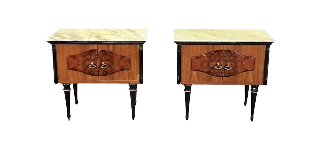 Italian Marble Top Tables: Pair of Italian made tables with marble tops and two door cabinet storage. Burled wood front and ebonized legs and trim. Great for living room or bedside. // pickup location: wall, nj // Condition: Go
