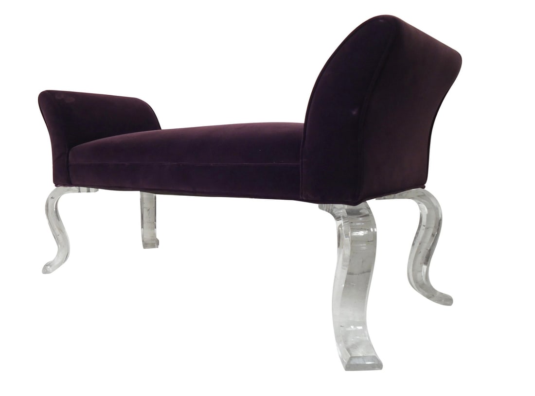 Vintage Modern Purple Bedroom Bench: This Mid-Century Modern style bench is featured in purple upholstery on a set of curved Lucite legs, can be used as an entry way or bedroom bench. // PICKUP LOCATION: BROOKLYN, NY // 