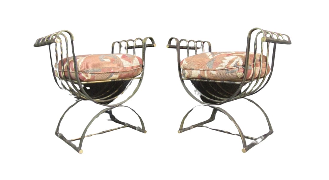 Heavy Iron Throne Benches: Pair of vintage throne chairs made of heavy burnished iron. Thick cushion set on the strong frame. Great for indoor or garden use. // PICKUP LOCATION: BROOKLYN, NY // Condition: Good. Wear