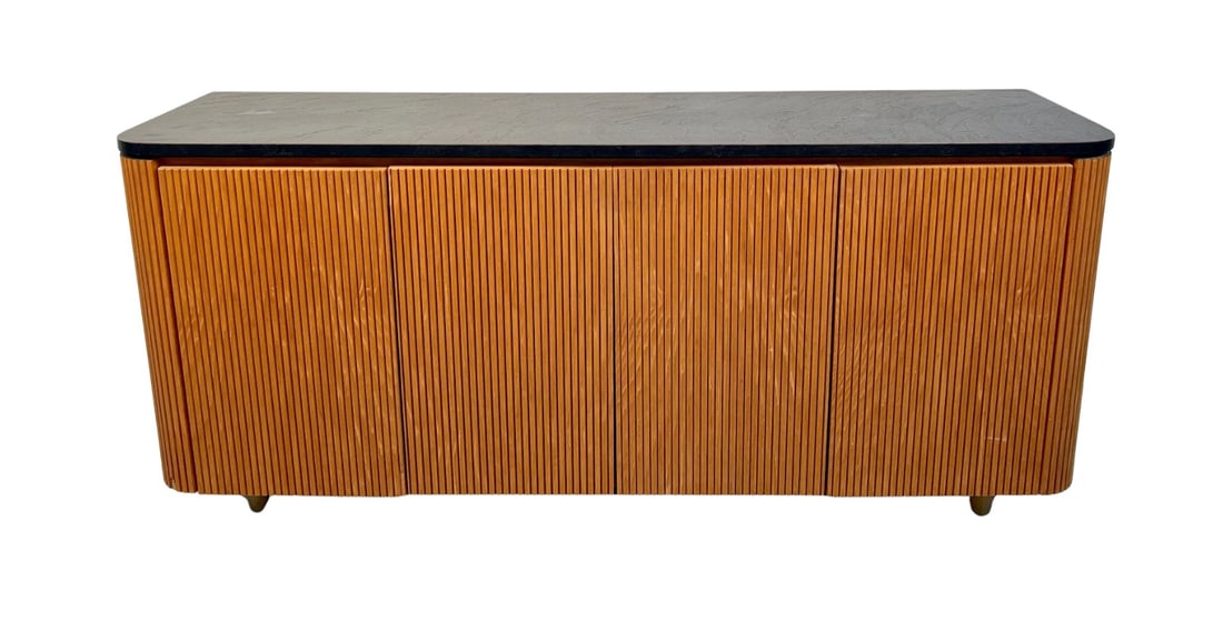 Mid-Century Modern Oak and Black Laminate Buffet: Stylish mid-century modern buffet featuring a warm oak frame contrasted with sleek black laminate surfaces. Combines striking visual design with practical storage, making it a perfect statement piece