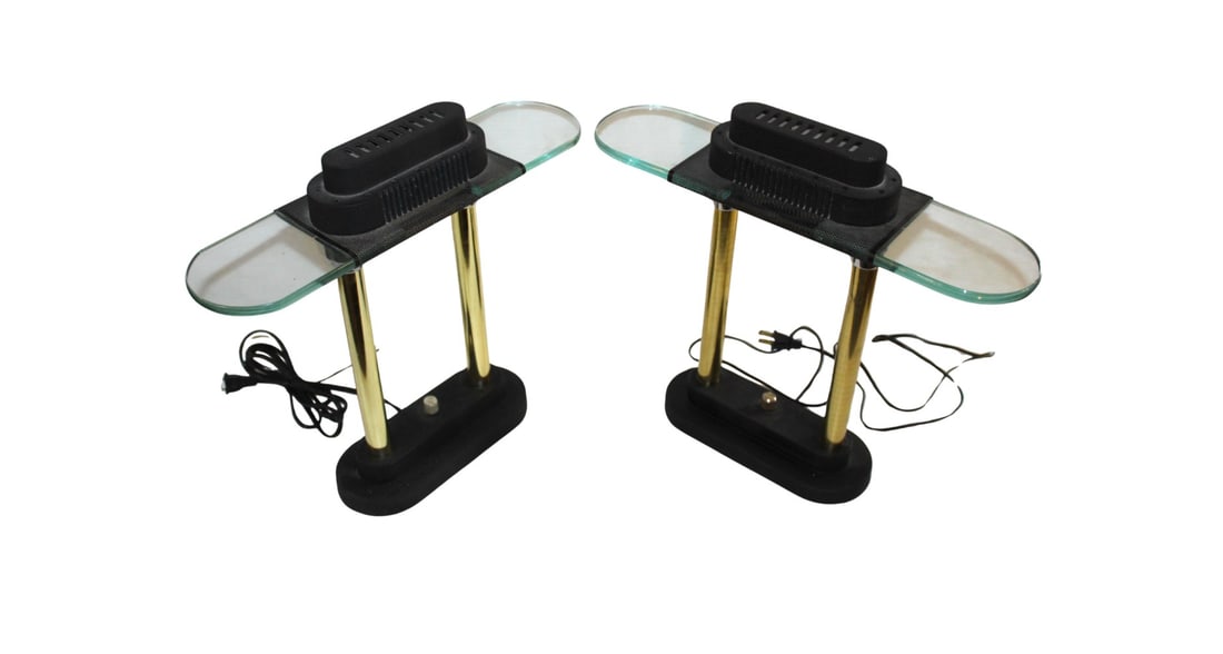 Banker Lamps by Robert Sonneman for George Kovacs: This pair of banker lamps was originally design by Sonneman for George Kovacs, and later reproduced by Boxford. They include a built in dimmer and protection screen, and decorated with brass colored