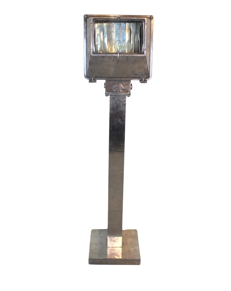 Industrial Floor Lamp: Five foot tall industrial flood lamp for your modern home or office. Features polished aluminum frame and single bulb with square glass shield. // PICKUP LOCATION: BROOKLYN, NY // Condition: