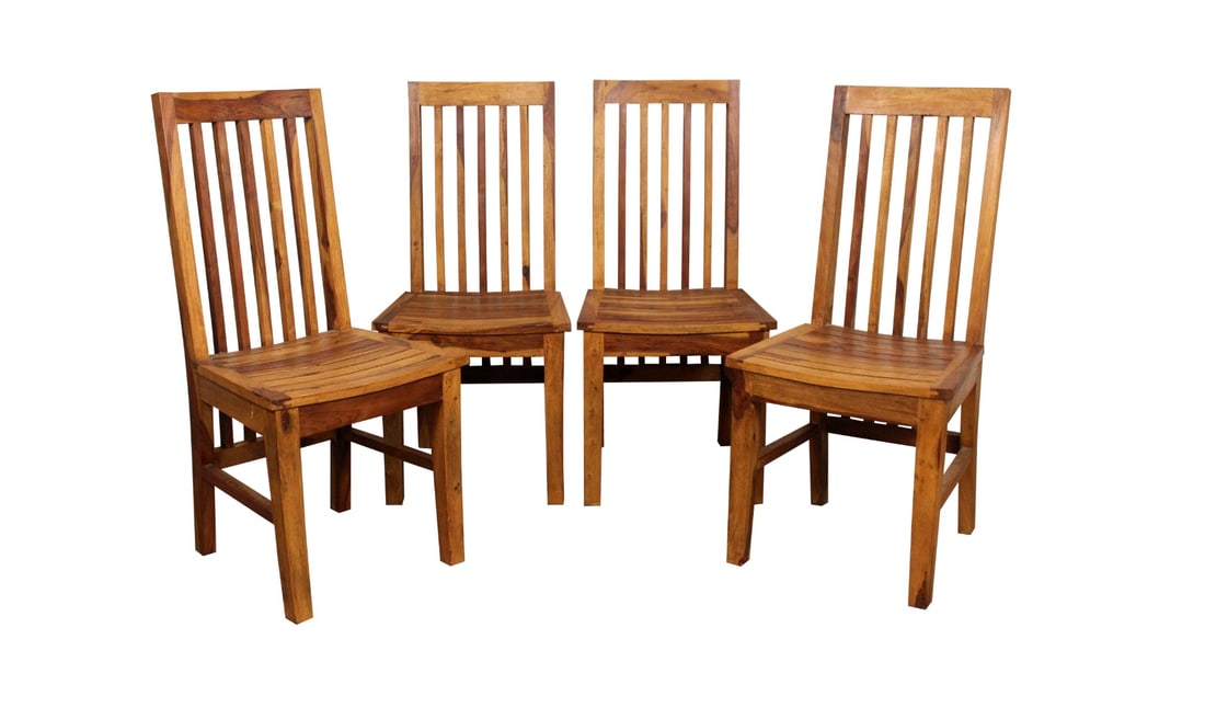 Set of 4 Mid-Century Style Solid Wood Slat-Back Dining Chairs: Crafted from richly grained solid wood, this set of four dining chairs features a timeless slat-back design with clean lines and warm, natural tones. The gently contoured seats and sturdy construction