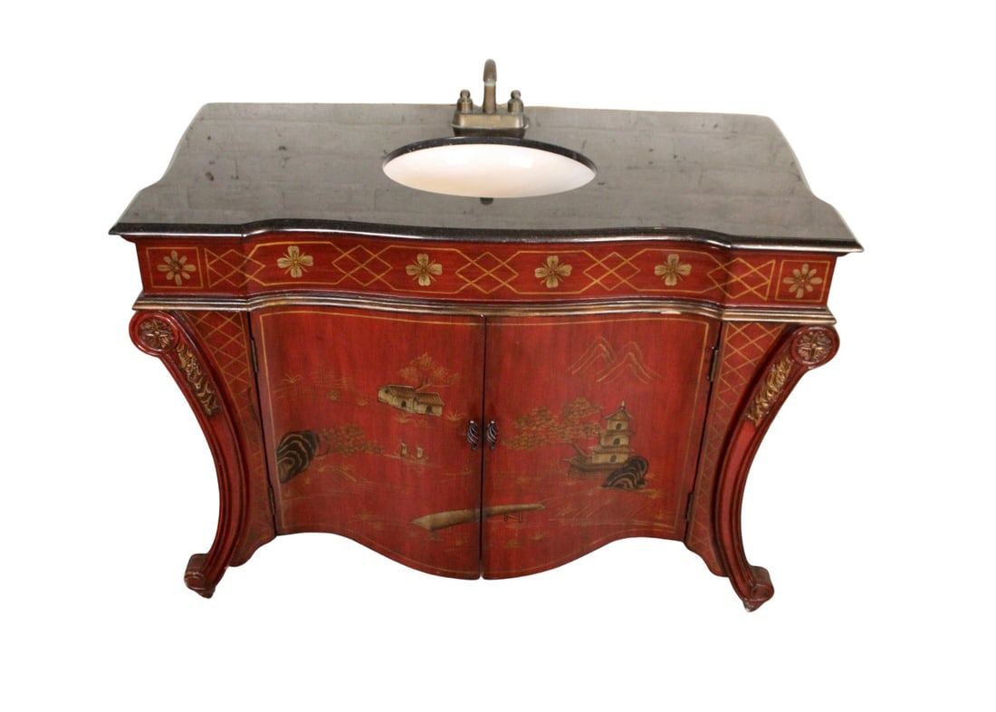Red Lacquer Chinoiserie Sink: Elegant and unique red lacquer Chinoiserie sink featuring hand-painted gilt detailing and traditional Asian motifs. This decorative basin combines function with striking artistry, making it a bold