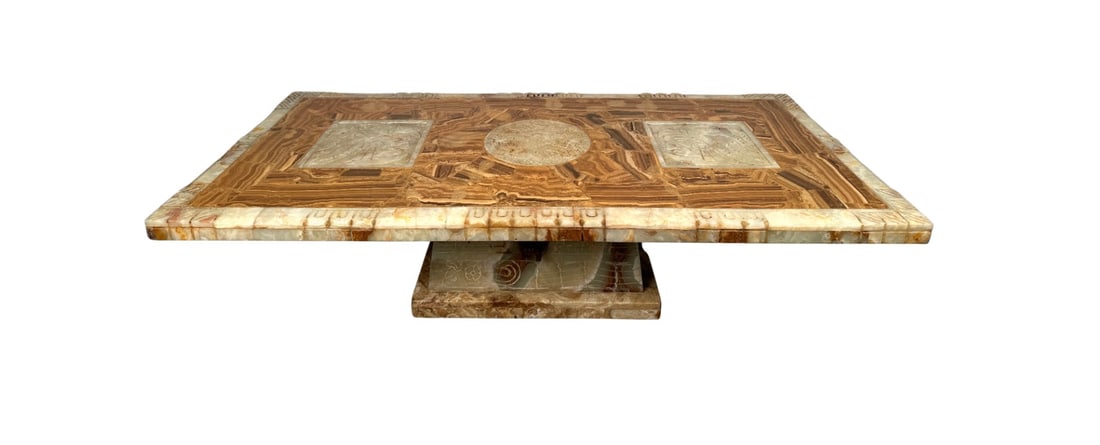 Mid-Century Neo-Inca Hand-Carved Onyx Coffee Table, 1930s-40s: Bold, sculptural, and unmistakably unique, this Neo-Inca style table from the 1930s or 1940s is a stunning example of early 20th-century design inspired by pre-Columbian art and architecture.