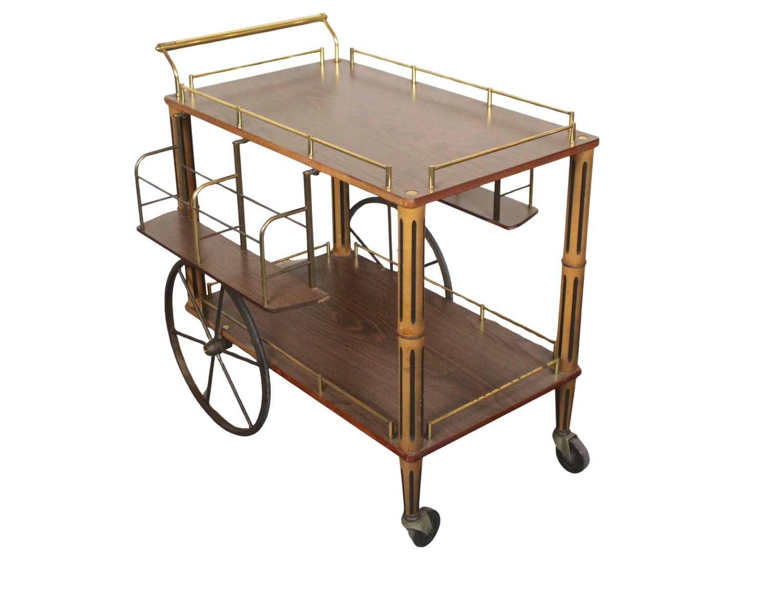 Mid-Century Trolley Cart: Vintage tea cart with ample storage, set on two large spoke wheels. Brass trimming throughout with walnut wood grain. Each side has extra bottle storage, plus top and bottom shelving. // PICKUP LOCATI