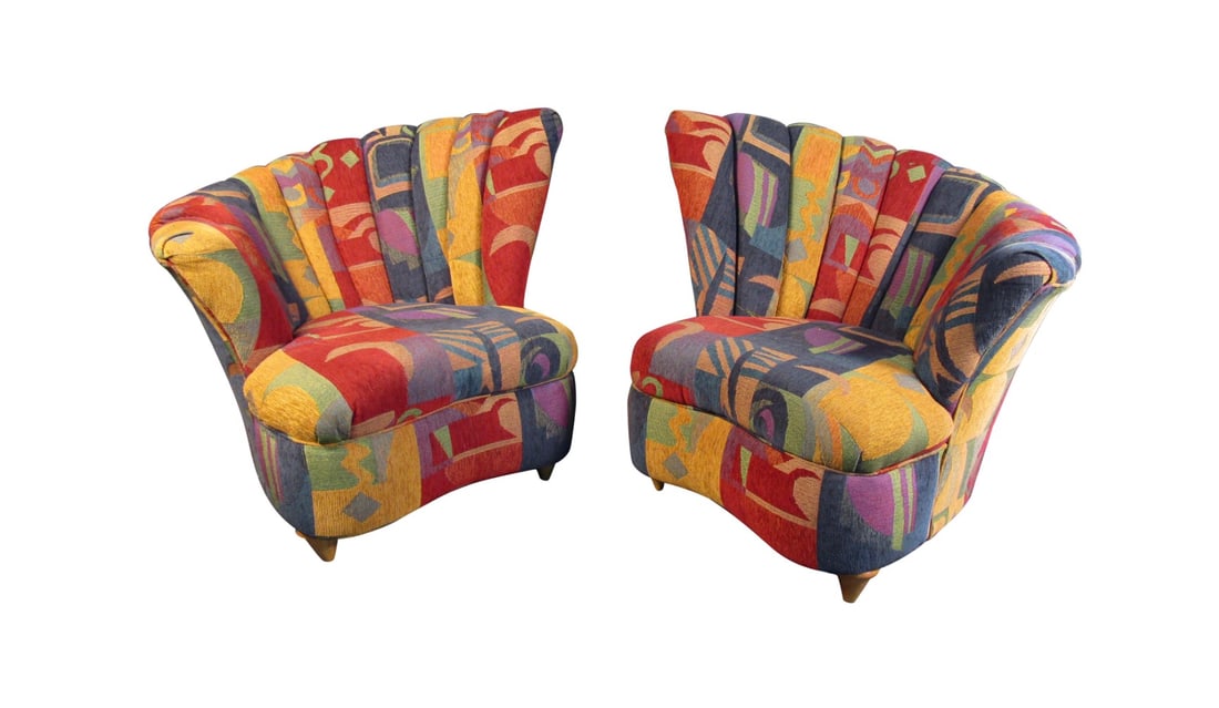 Colorful Mid-Century Modern Designer Club Chairs: A quirky pair of club chairs that are sure to pop in any space with their playful color and patterning. An interesting Mid-Century Modern design offers comfortable seating while brightening up any spa