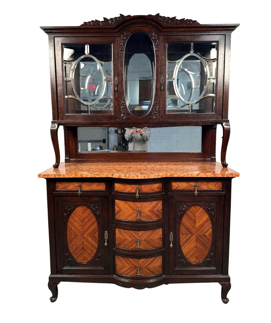 Stunning Antique Wood and Marble Hutch: Elevate your space with this exquisite vintage hutch, a true statement piece that blends classic design with luxurious materials. Featuring sleek, clean lines and a solid marble top, this hutch captur