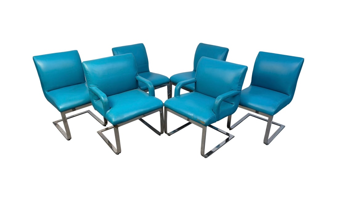 Vintage Blue Vinyl Flat Bar Chrome Dining Chairs - Set of 6 (1 of 17)