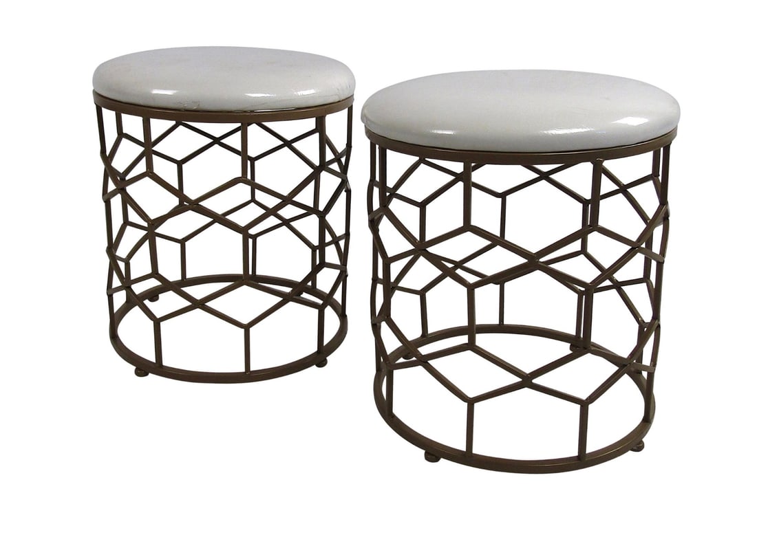 Pair of Mid-Century Modern Style Faux Brass Base White Vinyl Stools (1 of 5)