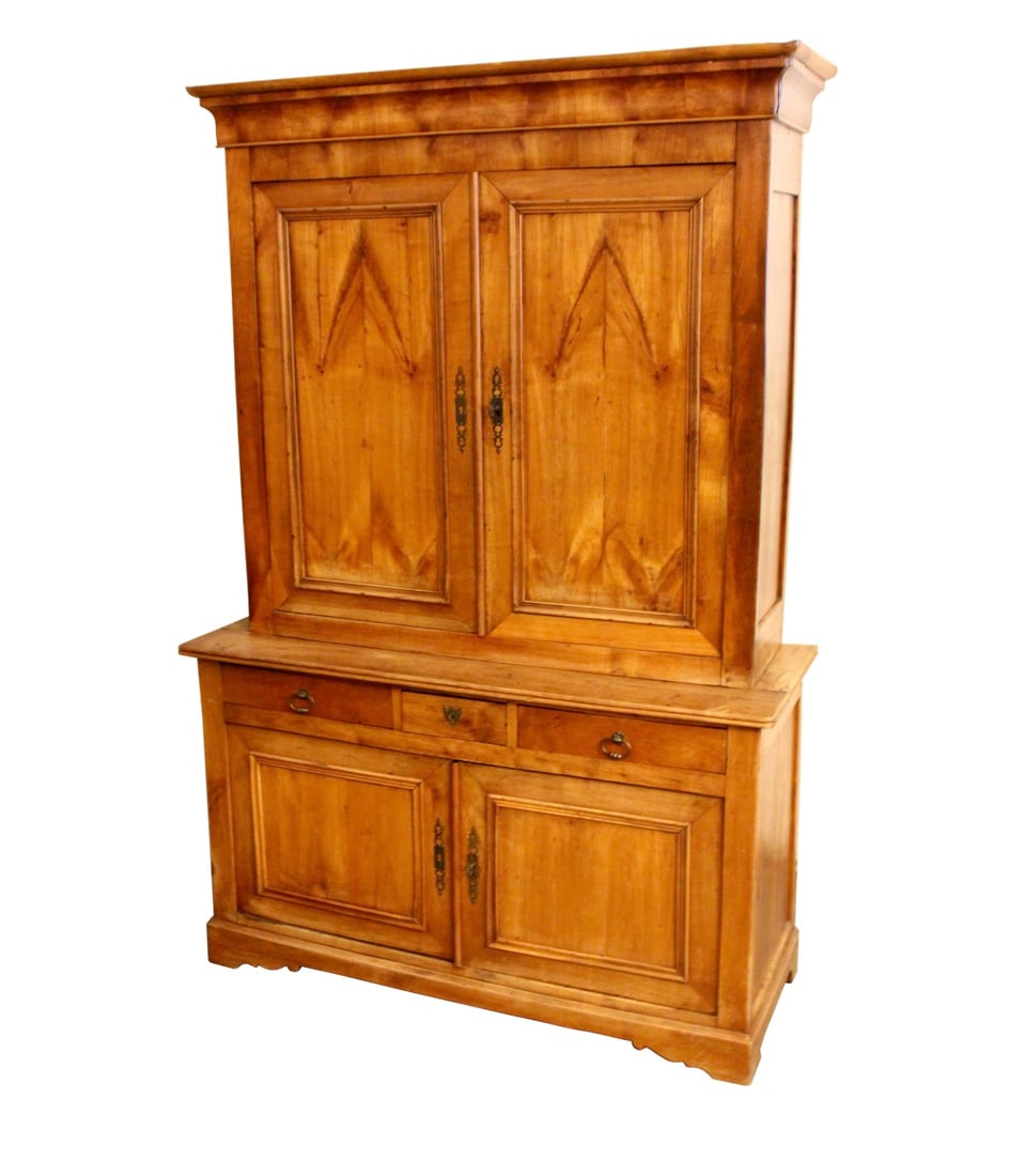 19th Century French Louis Philippe Buffet Deux Corps in Cherry: Bring home antique furniture that will make you say "C'est magnifique!" with this exquisite 19th century Louis Philippe Buffet Deux Corps (or "two-body sideboard"). Realized in solid cherry, this exce