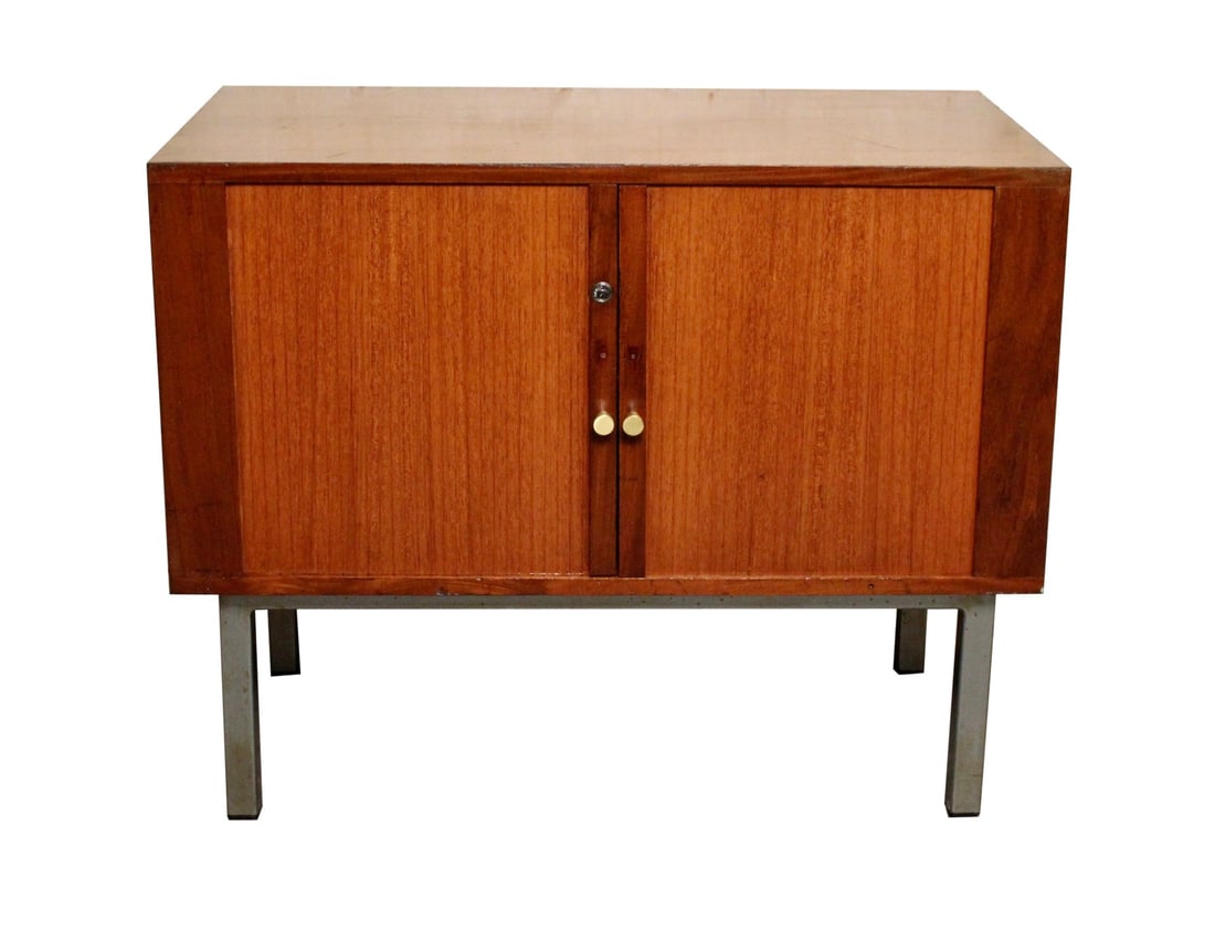 Petite Mid-Century Tambour Door Office Cabinet: Add a big splash of mid-century modern charm into any room with this compact tambour cabinet! Readily showing design influence from the legendary works of Florence Knoll, it features a simple box silh