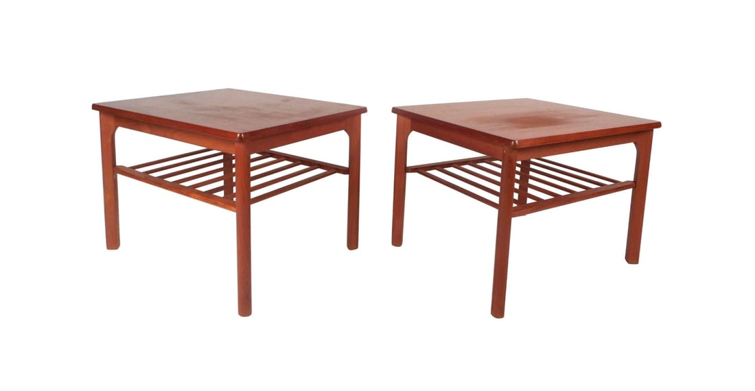 Pair of Mid-Century Modern Danish Teak End Tables by Mobelfabrikken Toften: This fabulous pair of vintage modern end tables feature a lower slatted tier for added storage. Sleek design was made in Denmark by Mobelfabrik Toften and has elegant teak wood grain throughout. These