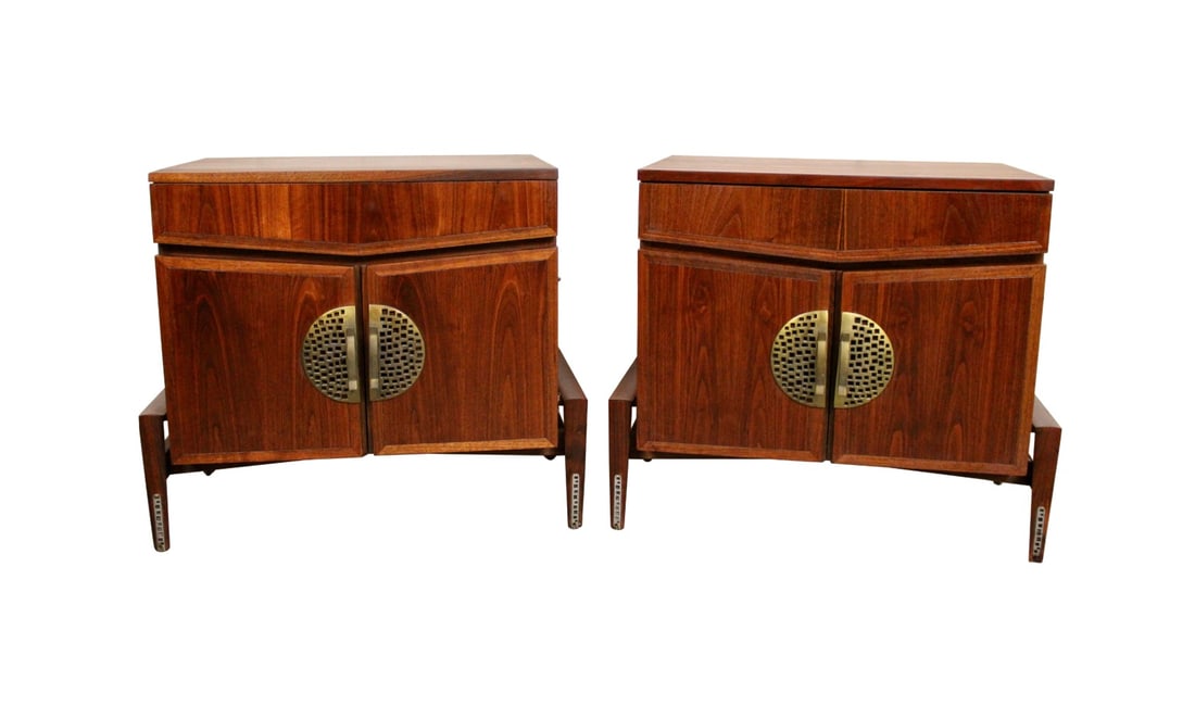 Sculptural Walnut & Bronze Nightstands by Helen Hobey Baker Inc.: Exquisite mid-century vintage nightstands designed and manufactured by New York's Helen Hobey Baker brand. A robust sculptural silhouette showcases a heavy Chinoiserie influence with a spacious upper