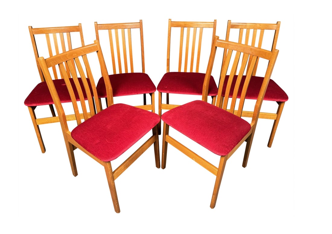 Set of Six Mid-Century Modern Dining Chairs: For your consideration. A set of (6) beautiful MCM dining chairs with red upholstery. A fine example of one of the most sought after stylings in furniture design. // PICKUP LOCATION: BROOKLYN, NY
