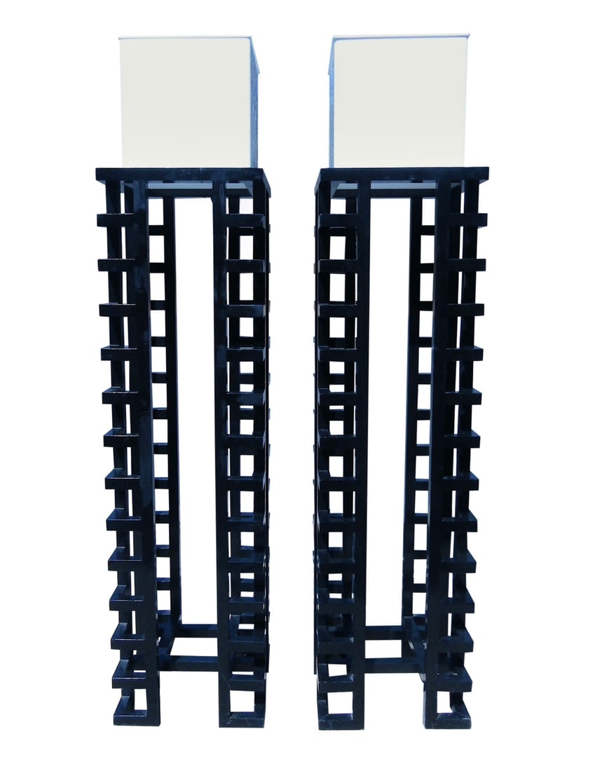 Mid-Century Asian Style Floor Lamps: Pair of tall ornate Asian style floor lamps. These lamps feature an elegant far eastern design, shiny black lacquer finish and white acrylic lamp shades. If you are looking to make a statement in any