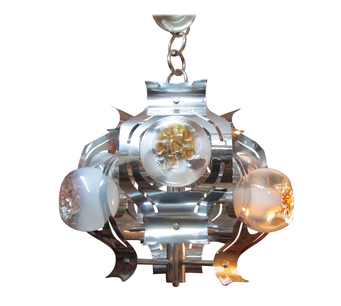 1960s Mazzega Mid-Century Modern Chandelier, Chrome & Amber Glass (1 of 5)