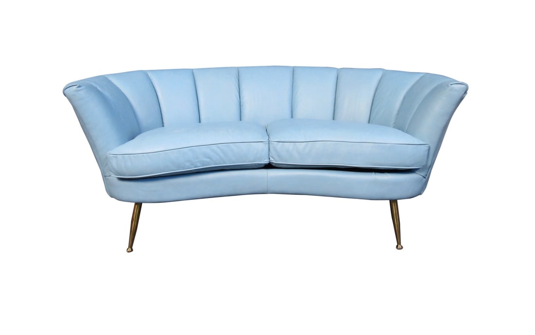 Mid-Century Clam Shell Loveseat in Faux Leather with Bronze Legs: Mid-century clam shell loveseat with bronze-finished legs sure to pop in any living space. // PICKUP LOCATION: BROOKLYN, NY // Condition: Good. Wear consistent with age and use. Minor fading. Age appr