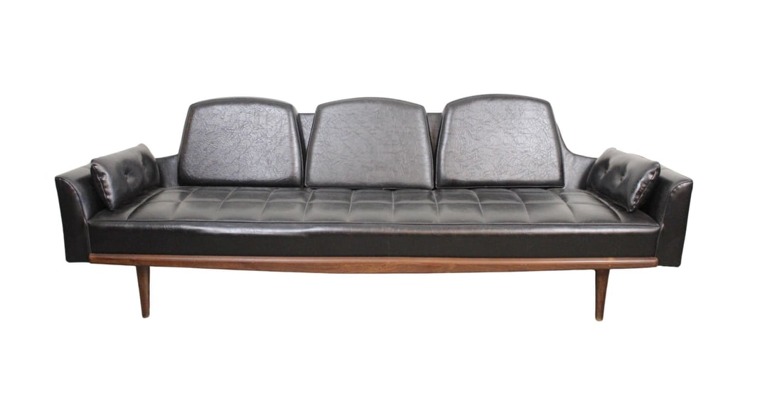 Mid-Century Modern Sofa in Black Vinyl with Walnut Trim, 1960s Design (1 of 13)