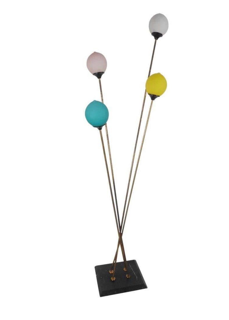 Playful Vintage Italian Modern Floor Lamp: Stylish and striking, four-light floor lamp with frosted glass shades, marble base and brass-plated arms. Suggestive of balloons on strings, this is an ideal fixture for a children's room. // 