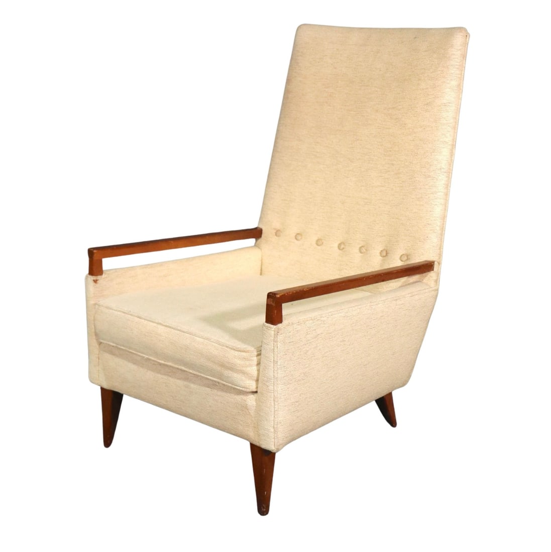 Mid-Century Armchair: Unique vintage modern lounge chair with exposed wood arms and tufted back. Great design with Mid-Century Modern lines. // PICKUP LOCATION: WALL, NJ // Condition: Good. Wear consistent with age and use