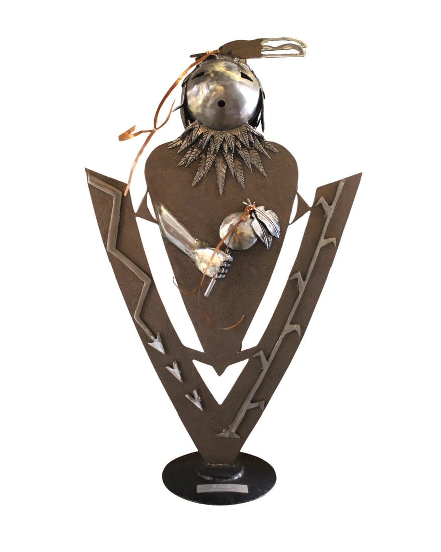 'Rebirth' by Donovan Yazzie: Mixed metal sculpture by Native American artist Donovan Yazzie. Titled 'Rebirth', and featuring a Shaman, which is silhouetted to resemble an arrow head. Donovan Yazzie is a Santa Fe artist who