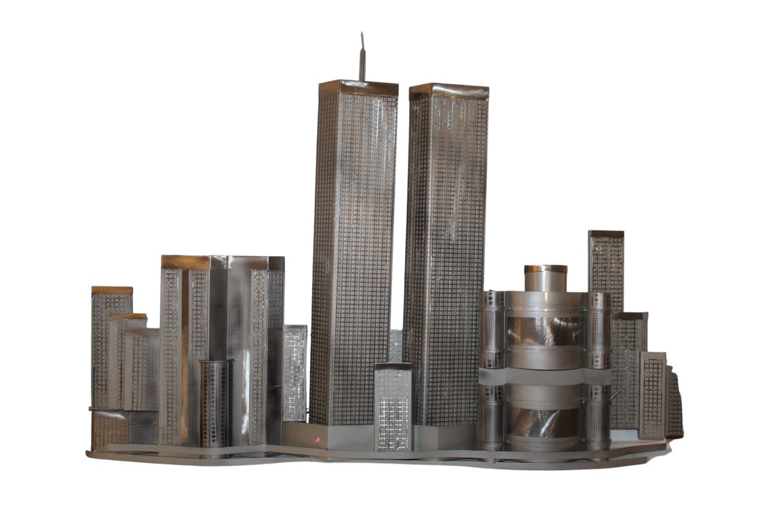 Curtis Jeré 9/11 Twin Towers Memorial "Remembrance" Metal Wall Art: This beautiful, nostalgic piece of metal wall art, crafted by the renowned French sculpture company Curtis Jeré, captures downtown NYC's skyline as it was when the World Trade Center was still