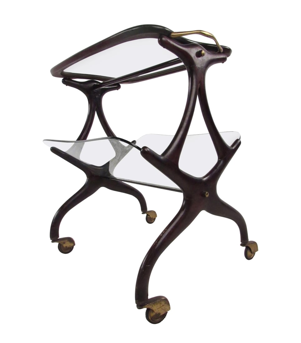 Mid-Century Modern Italian Magazine Rack by Cesare Lacca: This beautiful Italian magazine cart features the unique sculptural Italian design of Cesare Lacca and makes a stunning addition to any interior. Perfect rolling side table with glass table top and lo