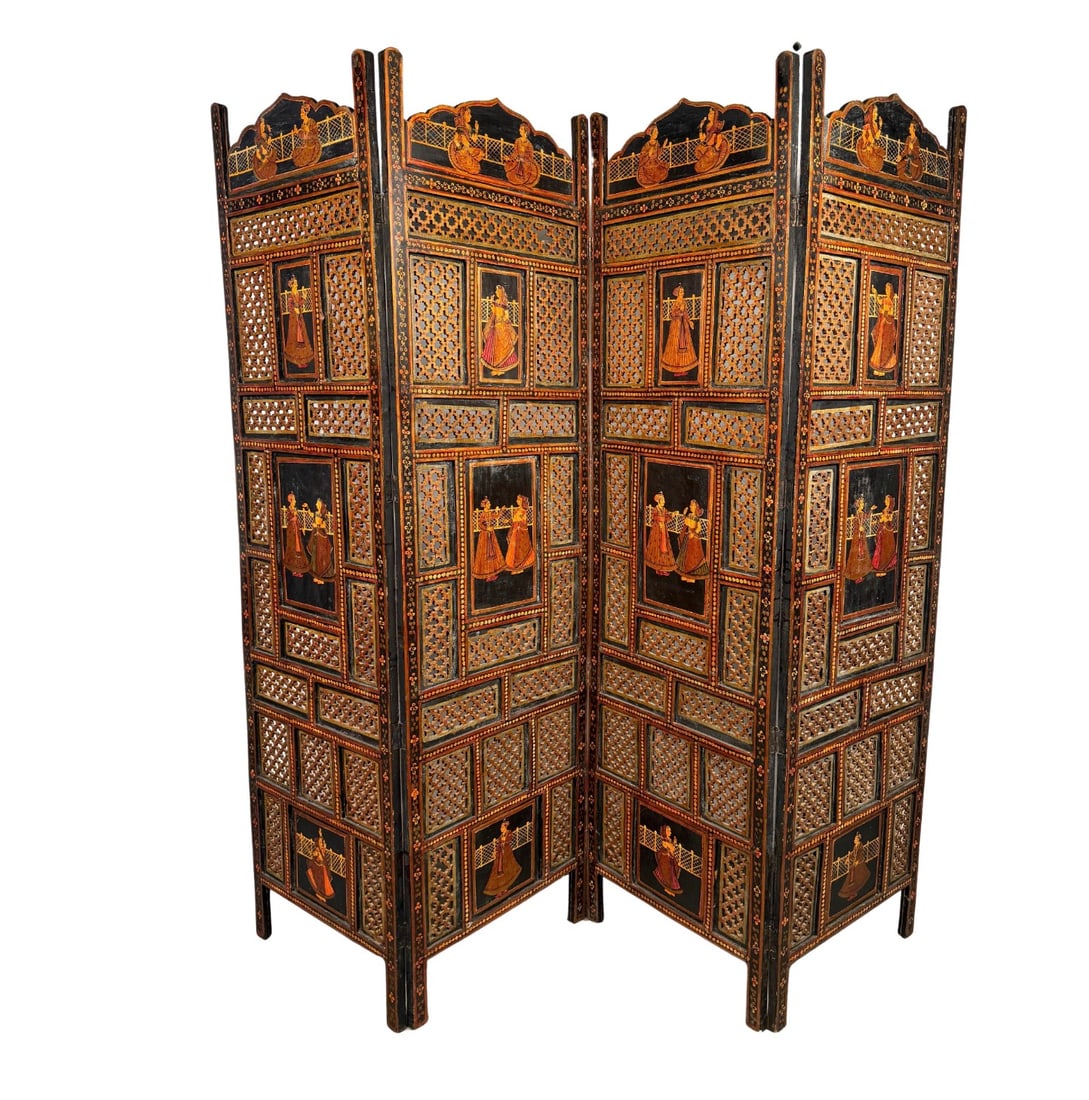 Vintage Anglo-Indian Painted and Carved Four-Panel Folding Screen (1 of 19)