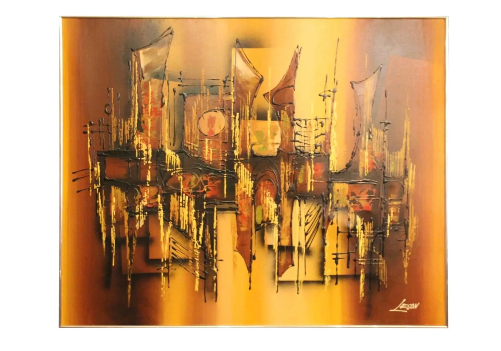 Mid-Century Large Abstract Oil on Canvas by Leson: Give any wall in any space a massive squirt of color with this impressive abstraction on canvas by mid-century artist "Leson." Featuring bold brutalist geometric lines paired with a warm golden palett