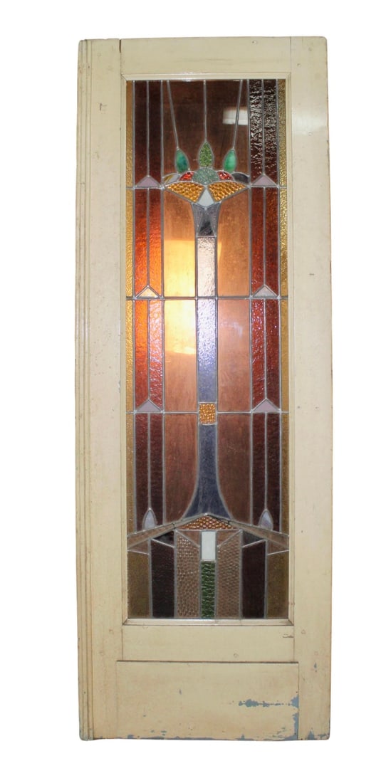 1-of-2 Stained Glass Doors 28" x 78": Early 20th Century door with large stained glass window. Art Deco styled design with colorful glass panels. There are 2 doors, the listing is for 1. // PICKUP LOCATION: BROOKLYN, NY // 
