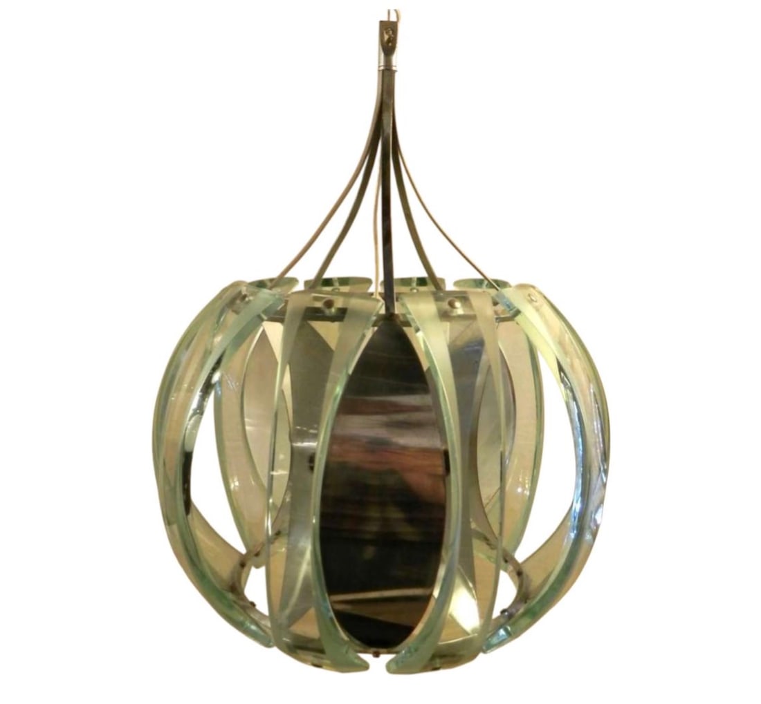 Mid-Century Modern Pendant Chandelier, Glass and Chrome, USA, 1960s: Mid-century globe-shaped pendant chandelier made up of alternating glass and chrome panels. Truly unique style and shape. The reflective panels concave and convex from the center. // PICKUP