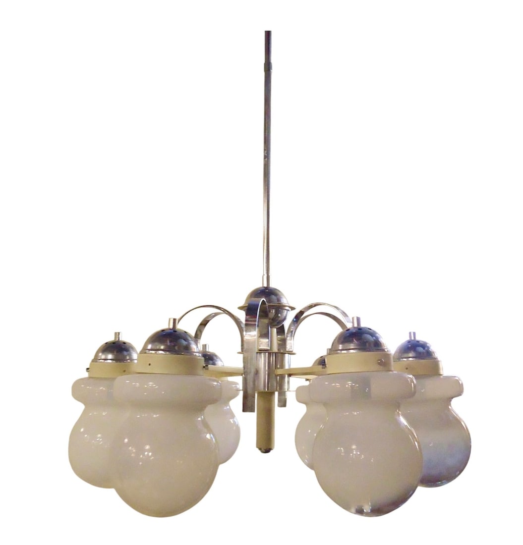 Mid-Century Modern Chandelier with Chrome Frame and Frosted Glass: Chrome frame chandelier with six glass globes. Long stem, chrome decorative bands, white frosted globes. // PICKUP LOCATION: BROOKLYN, NY // Condition: Good. Wear consistent with age and use.