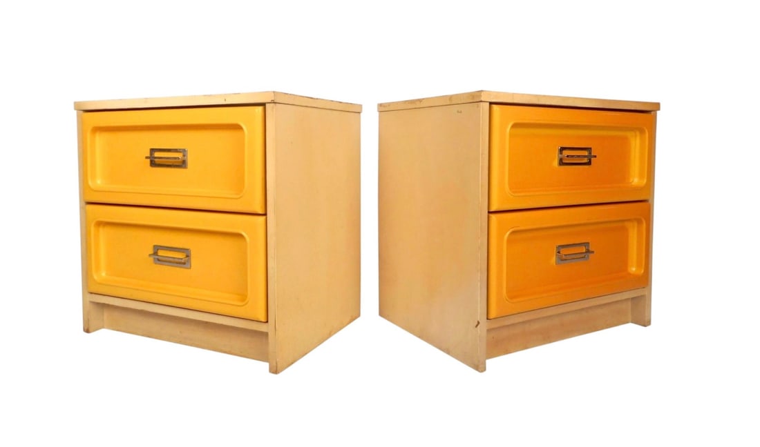 Mid-Century Space Age Yellow Bedside Tables by Bassett: Add some color to your bedroom with these wild 1960s bedside tables by Bassett furniture. Made in the style of Raymond Loewy, with molded plastic fronts. // PICKUP LOCATION: BROOKLYN, NY // 