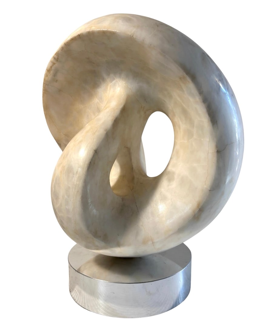 Mid-Century Marble Sculpture on Chrome Rotating Base, Abstract Design: Beautiful artist made sculpture with heavy marble on a chrome rotating base. This piece has no front, so looks amazing from all angles. // PICKUP LOCATION: BROOKLYN, NY // Condition: Good.